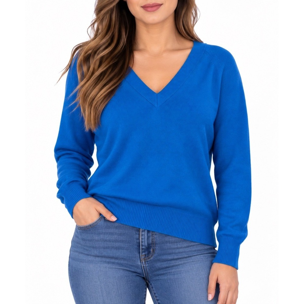 ICHI Womens Blue V Neck Long Sleeve Knit Pullover Sweater Size S